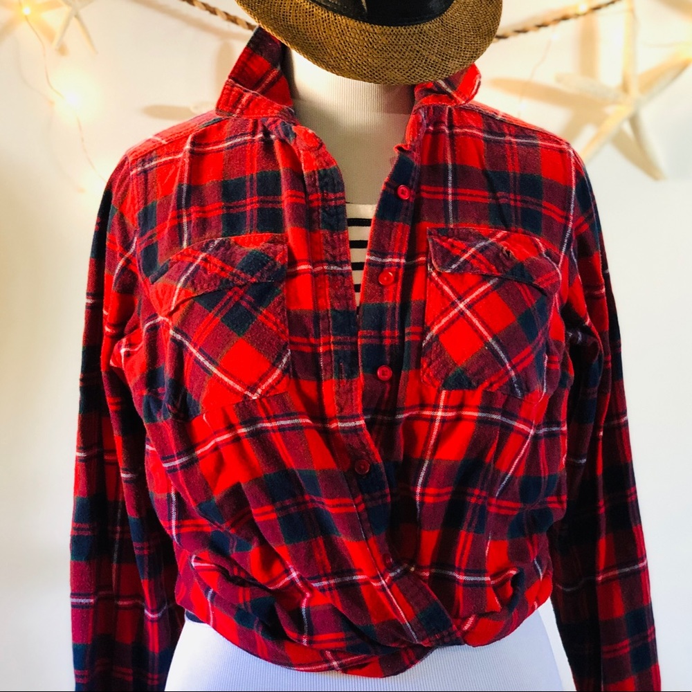 Plus Flannel Tartan Plaid Buttondown Shirt Red 12W